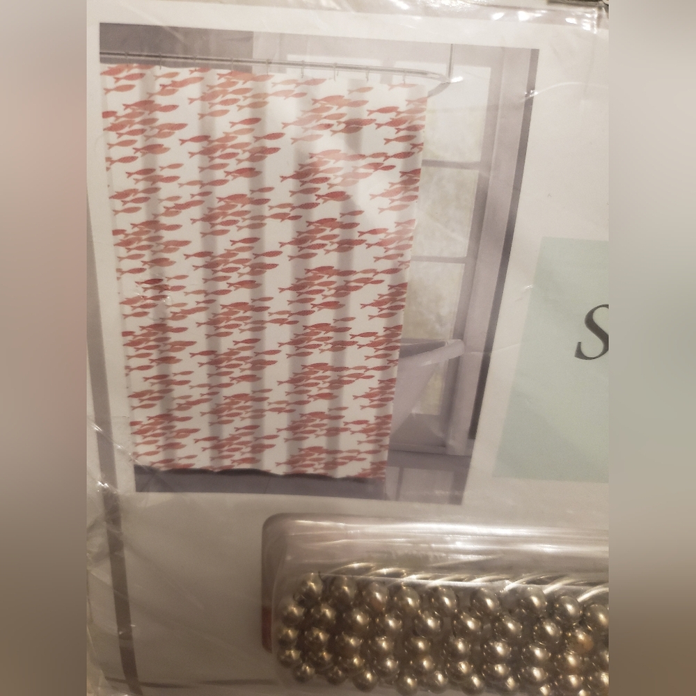 Shower Curtain With 12 Hooks  70x72 Silver Hooks White Orange Salmon Fish Print